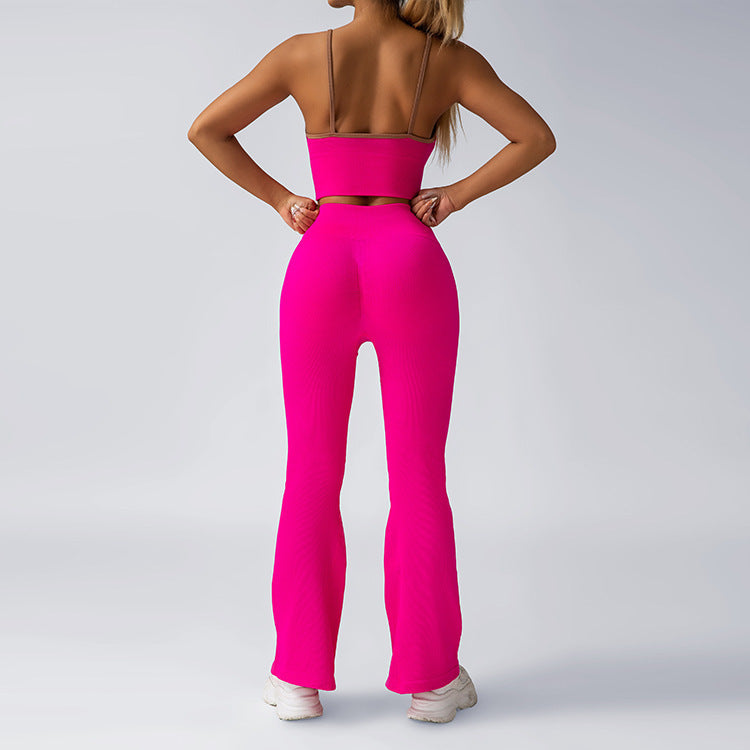 High Waisted Yoga Set with Zippered Flared Pants and Built In Chest Padding for Outdoor Sports Fit and Fashion