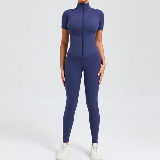 High Compression Zippered Short Sleeve Yoga Jumpsuit for Women Sculpting Bodysuit for Outdoor Fitness Active Wear Model 50320