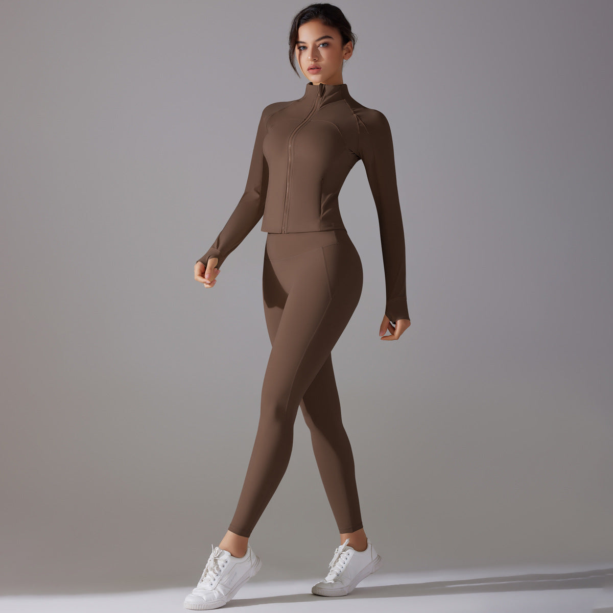 Women's Antimicrobial Long Sleeve Yoga Set with Stand Up Collar and Zipper Full Length Sports Suit for Comfort and Support No Underwear Required