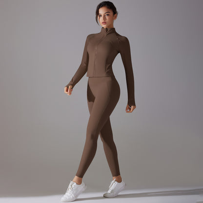 Women's Antimicrobial Long Sleeve Yoga Set with Stand Up Collar and Zipper Full Length Sports Suit for Comfort and Support No Underwear Required