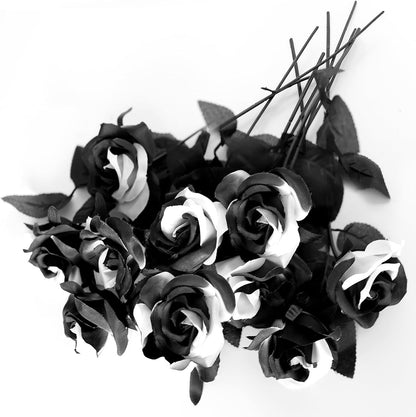 Single Black and White Rose Artificial Silk Flower - Perfect for Halloween Party Decorations, Wedding Photography Props, and Elegant Home Décor