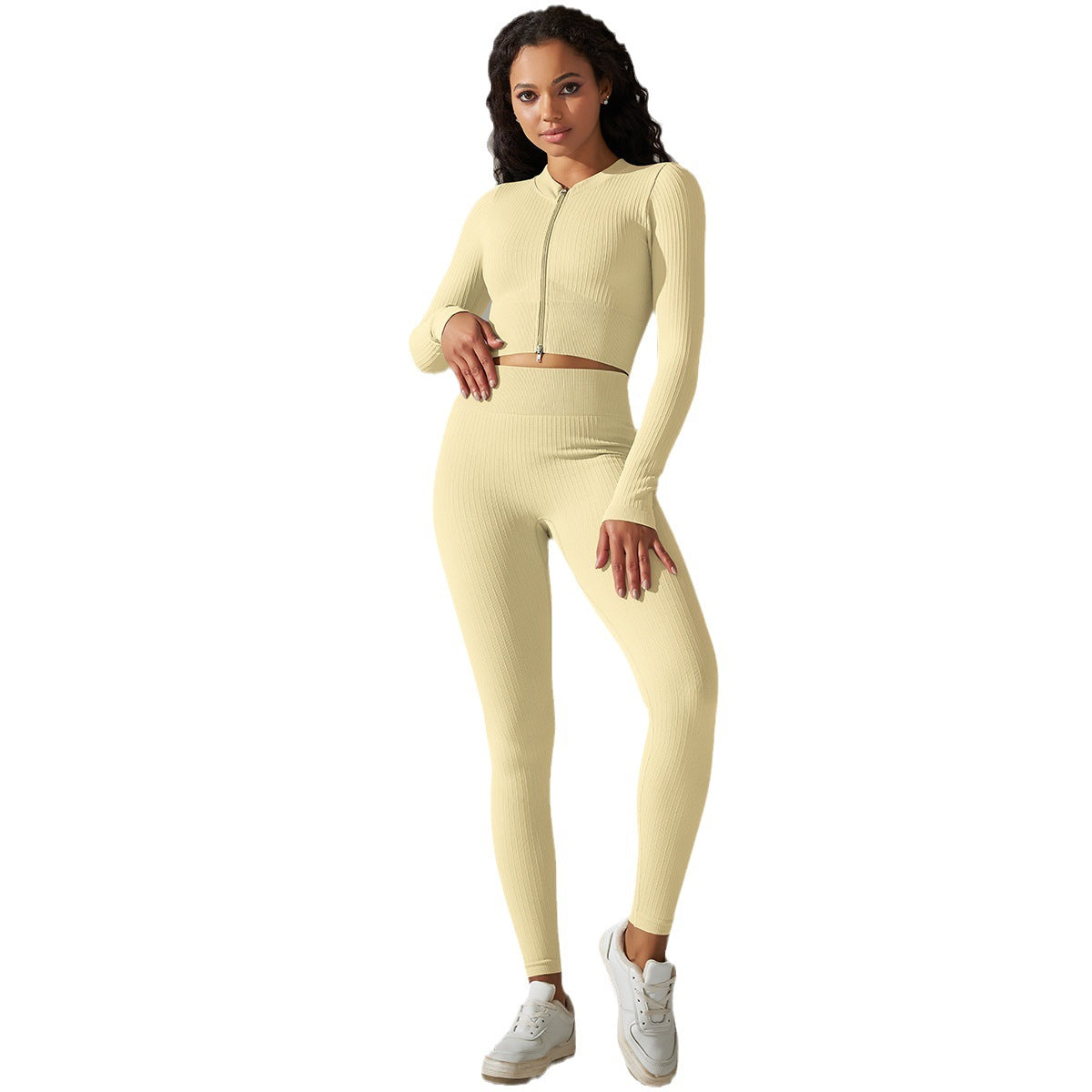 Seamless Solid Color Ribbed Long Sleeve Zip Up Yoga Top and Leggings Set for Women for Workout Fitness and Everyday Style