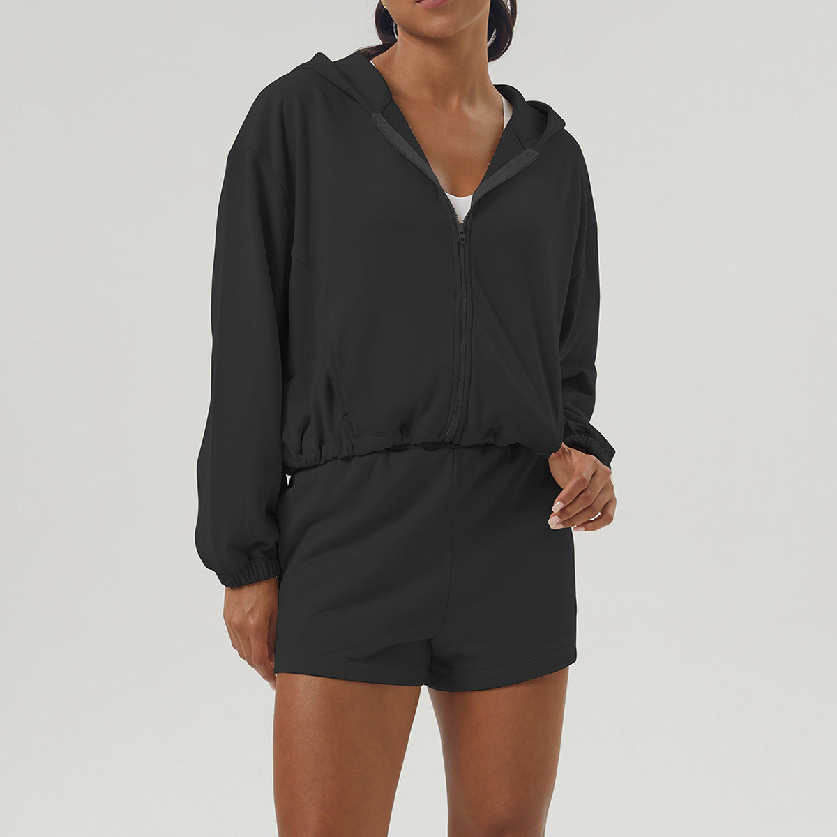 Women s Zippered Hooded Jacket and Yoga Short Set 3 Point Athletic Shorts for Running Fitness and Casual Wear