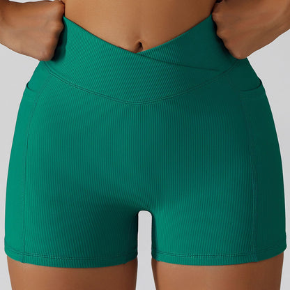 High Waisted Cross Waist Yoga Shorts with Pockets for Running Cycling and Fitness Tummy Control Lifting Activewear