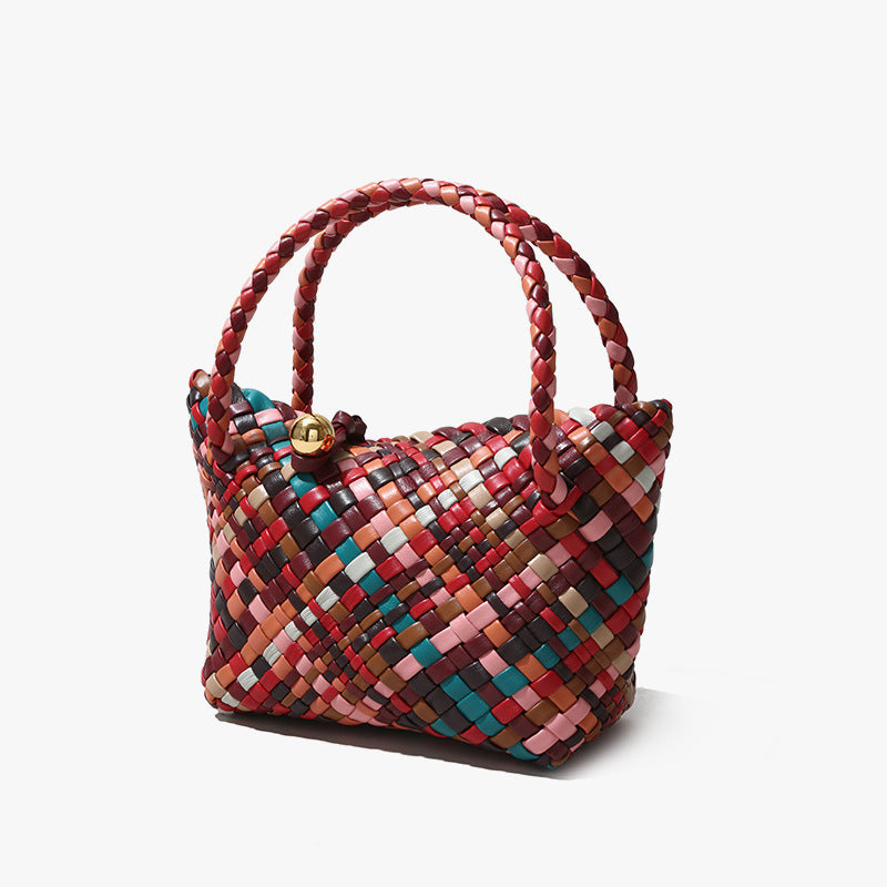 Luxurious Soft Lambskin Woven Rainbow Tote Bag Spacious High End Leather Commuter Purse with Nested Pouch for Modern Women