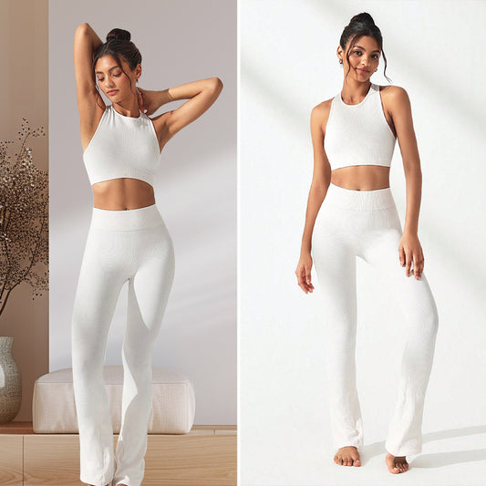 Women's Seamless Yoga Set Fitness Tank Top and Slim Fit Long Pants in Off White for Gym Pilates and Daily Wear