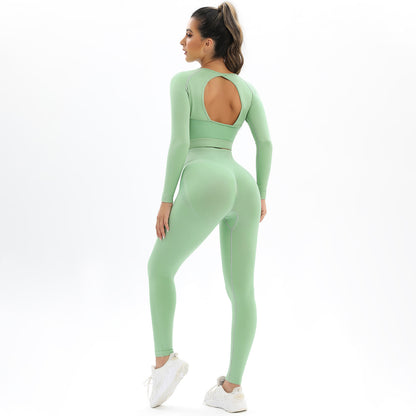 Peach Seamless Knitted Backless High Stretch Long Sleeve Yoga Set Women's 2 Piece Activewear for Running Fitness and Workout Comfort