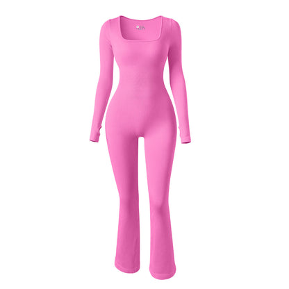 Autumn Six Color Bell Bottom Jumpsuits for Women Sports Square Neck Long Sleeve Yoga Bodysuit for Fitness Enthusiasts