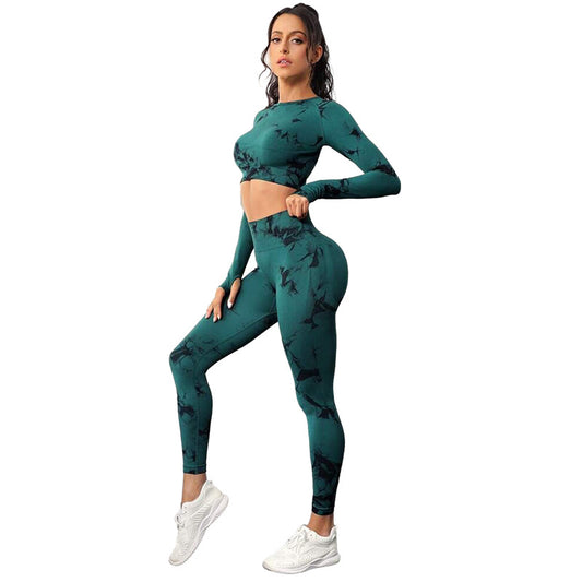 High Waisted Tie Dye Yoga Set for Women Long Sleeve Top Stretchy Leggings for Fitness Running and Gym Workouts