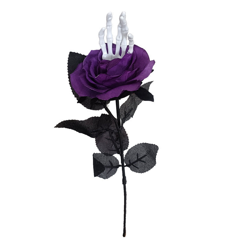 Lifelike Black and Red Rose - Single Halloween Skeleton Hand Fake Flower Party Decoration and Photography Prop