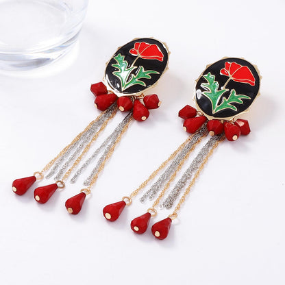 Elegant Retro-Style Alloy Drop Oil Flower Tassel Geometric Water Drop Pendant Earrings - Unique Artistic Design for Fashion Enthusiasts