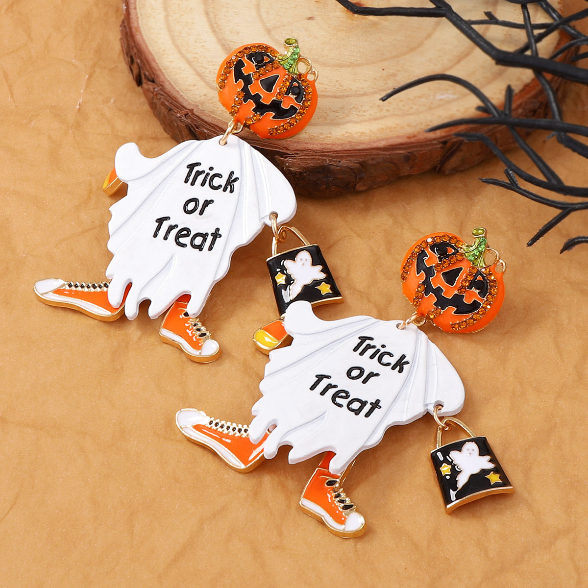Whimsical Halloween Pumpkin Head Earrings – Unique Alloy Design with Dazzling Zircon Stones for a Fun and Festive Look