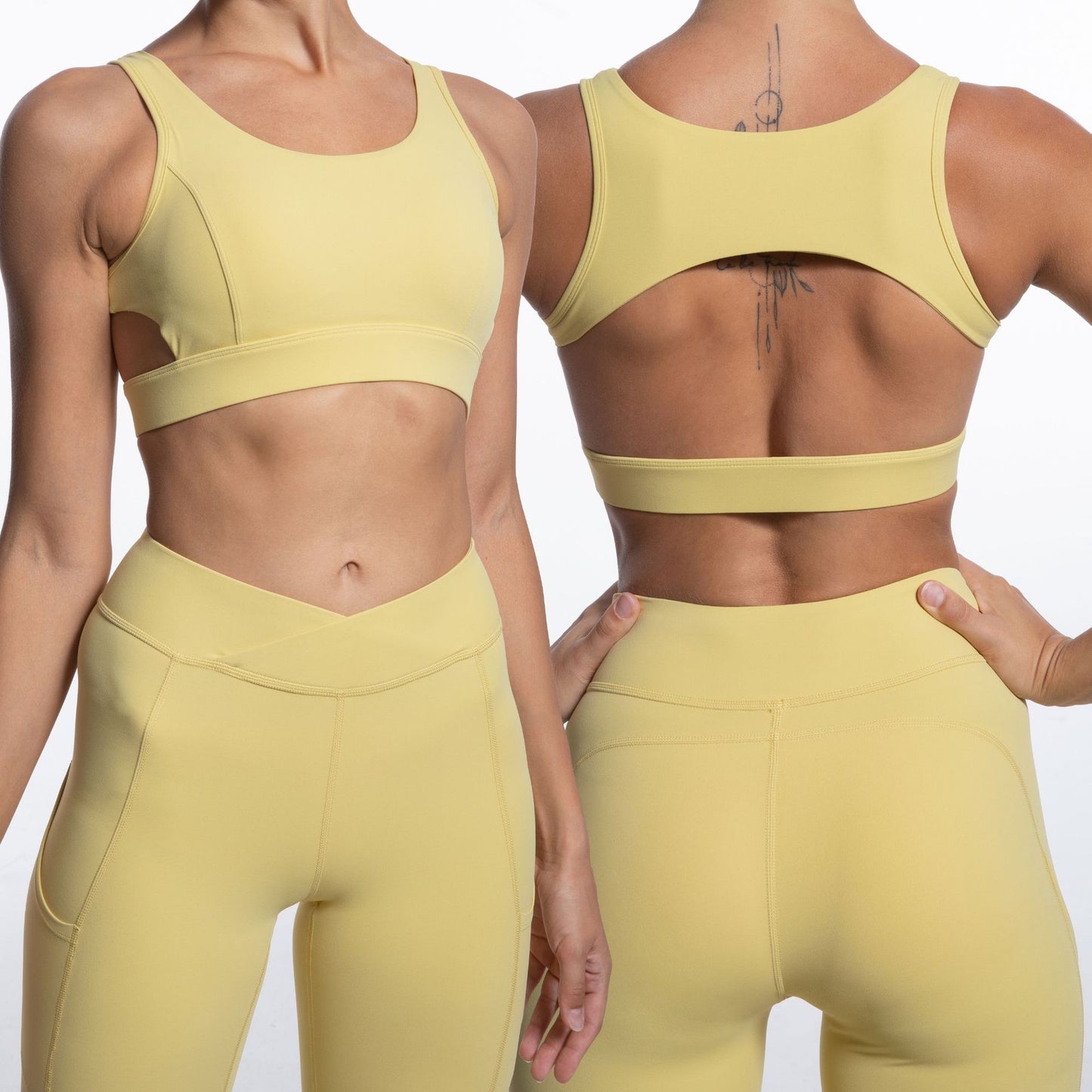 Backless Sports Bra and Cross Waist Double Pocket Leggings Yoga Set for Comfort and Performance