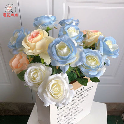 Realistic Ice Blue Rose Silk Flowers - Elegant Faux Floral Arrangement for Living Room Décor, Wedding Celebrations, and High-Quality Photography Props