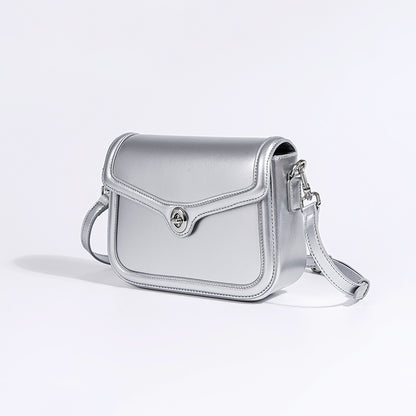 Chic Korean Inspired Designer Tofu Bag Fashionable Silver Lock Closure Real Leather Shoulder and Crossbody Purse for Women