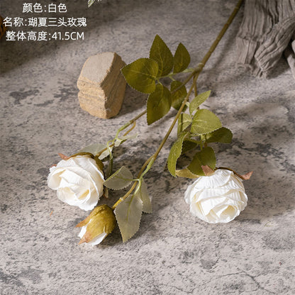 Stunning Artificial Three-Headed Rose Flower - Realistic Green Plants for Wedding Decor and Home Decoration - Perfect for Craft Projects (Model MW66008)