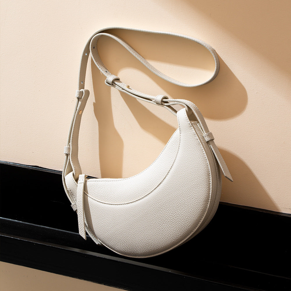 Genuine Leather Women's Fashion Shoulder Bag Chic and Versatile Lychee Texture Crescent Crossbody Bag with Large Capacity for Everyday Elegance