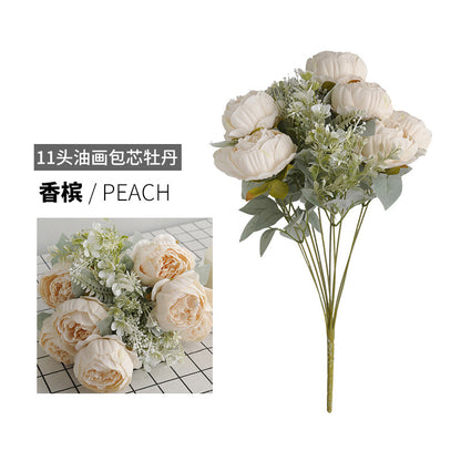 Lifelike 11-Head Oil Paint Effect Peony Bouquet - Elegant Vintage European-Style Faux Flower Arrangement for Wedding Entrance and Celebrations