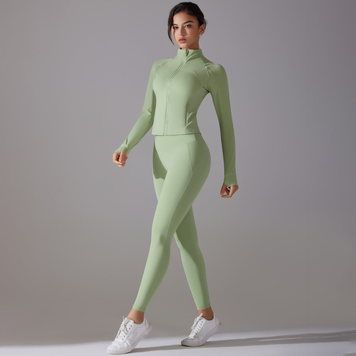 Women's Antimicrobial Long Sleeve Yoga Set with Stand Up Collar and Zipper Full Length Sports Suit for Comfort and Support No Underwear Required