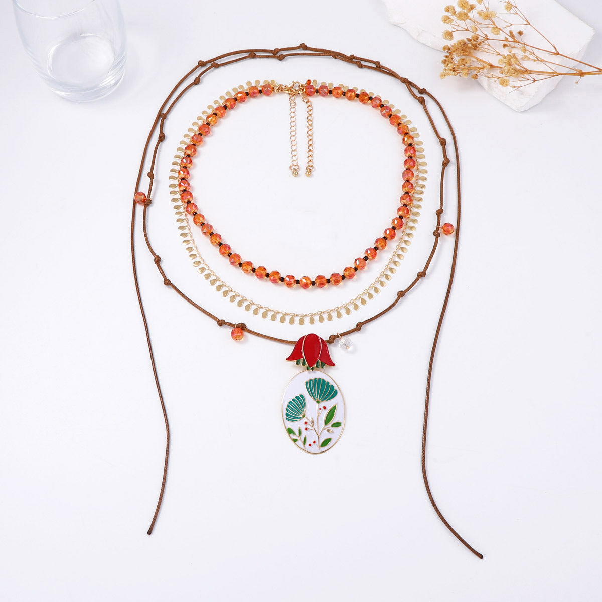 Elegant High-End Creative Design Beaded Braided Alloy Floral Oil-Drop Pendant Multi-Layer Necklace for Women - Perfect for Special Occasions and Everyday Style