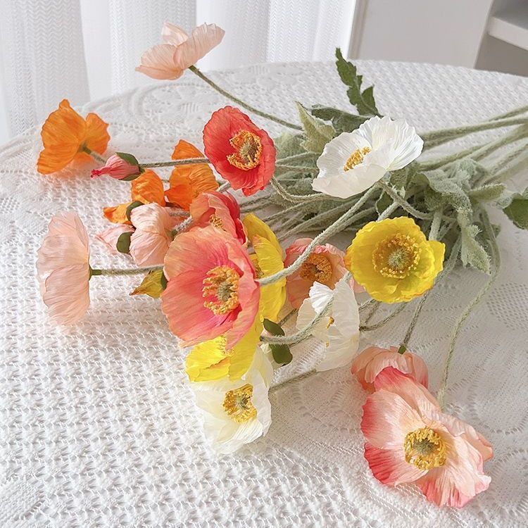 Icelandic Poppy Artificial Flower Bouquet for Home Decor - Elegant Silk Floral Arrangement for Living Room and Dining Table Accents