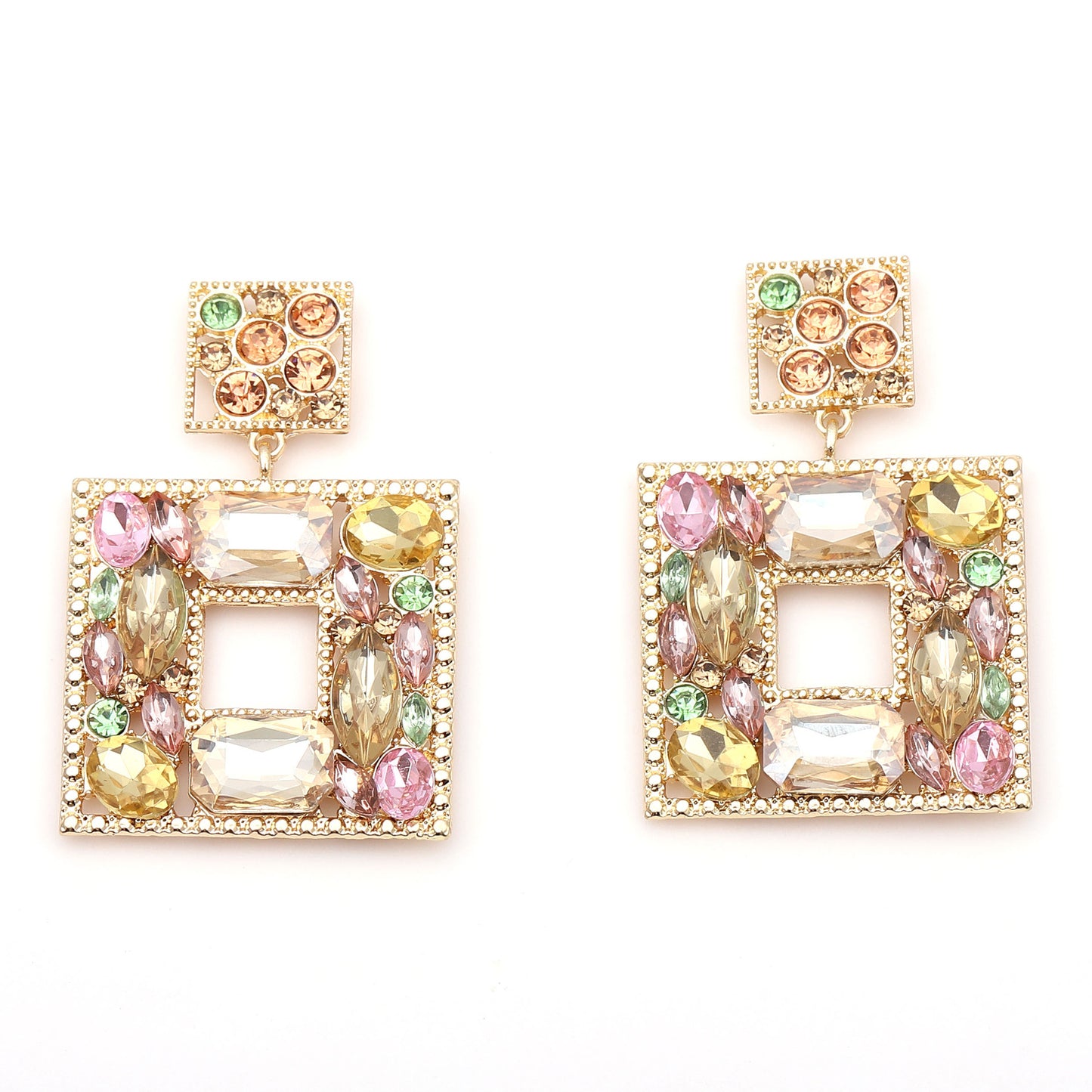 Stunning  Geometric Square Alloy Earrings with Colorful Rhinestones - Luxe, Bold, and Unique Design for a Striking Look