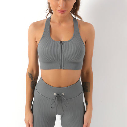 Seamless Yoga Outfit with Zippered Back Sports Bra for Outdoor Workouts and Fitness Activities