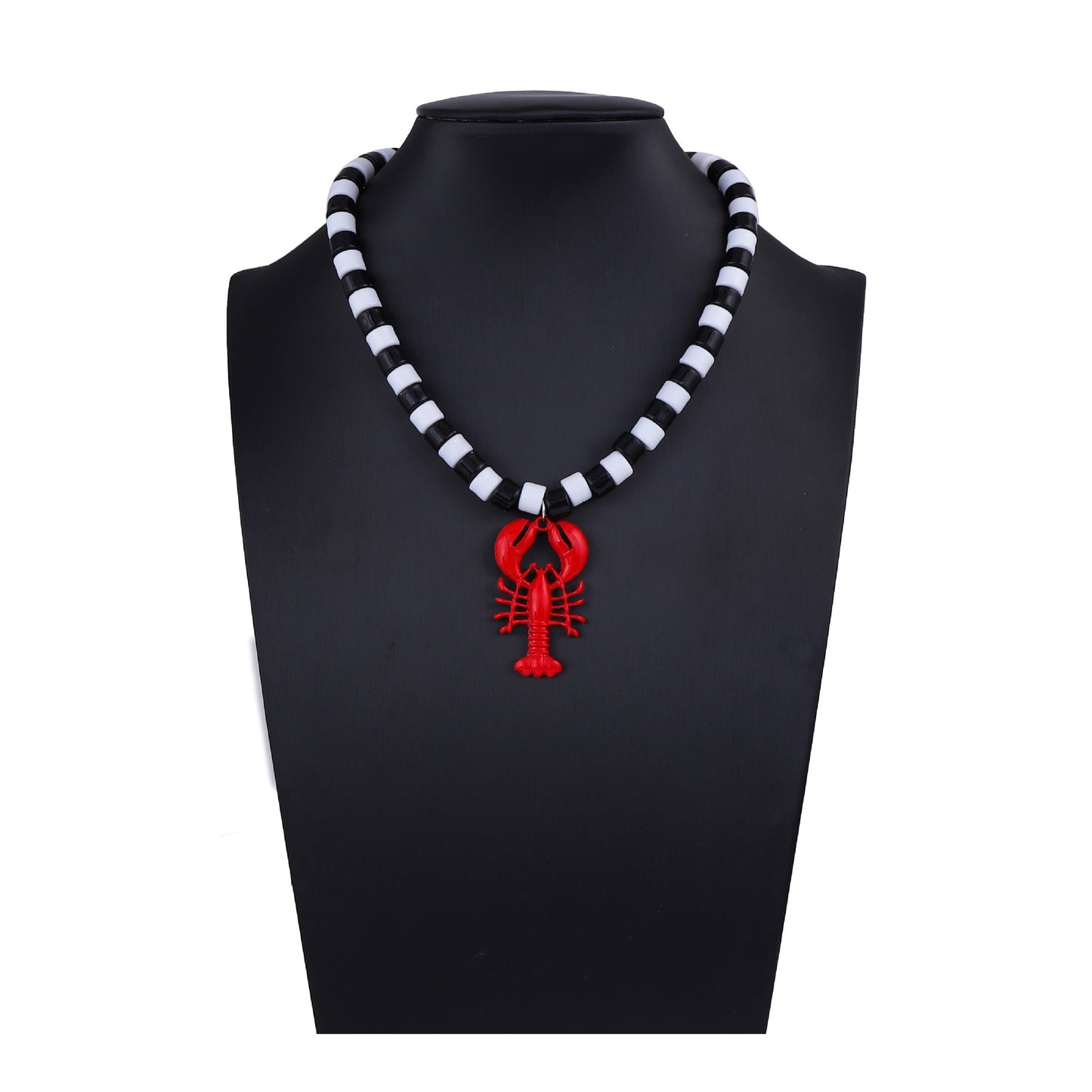 Chic Minimalist Beach-Inspired Alloy Lobster Pendant Necklace for Women - Elegant Black and White Beaded Statement Jewelry