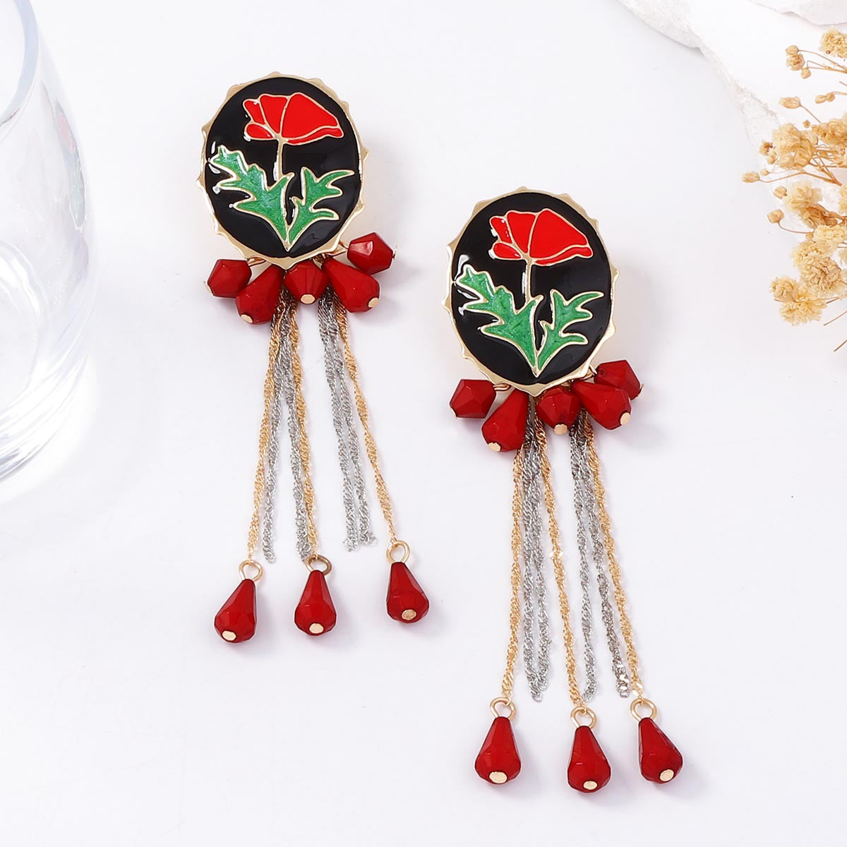 Elegant Retro-Style Alloy Drop Oil Flower Tassel Geometric Water Drop Pendant Earrings - Unique Artistic Design for Fashion Enthusiasts