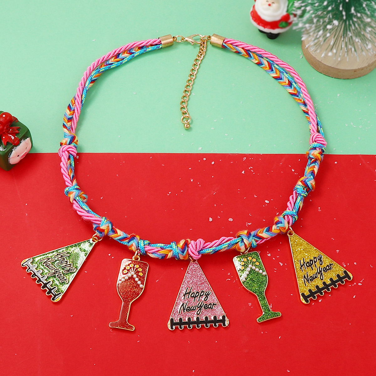Handcrafted Minimalist Alloy Christmas Tree Wine Glass Pendant Necklace for Women – Perfect Festive Gift with Colorful Braided Rope Design