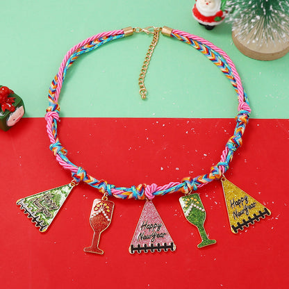 Handcrafted Minimalist Alloy Christmas Tree Wine Glass Pendant Necklace for Women – Perfect Festive Gift with Colorful Braided Rope Design