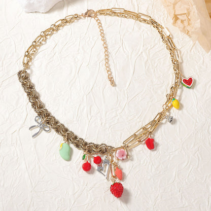Trendy and Unique Alloy Dripped Oil Strawberry Cherry Radish Pendant Mixed Chain Necklace - Perfect for Fashion-Forward Individuals