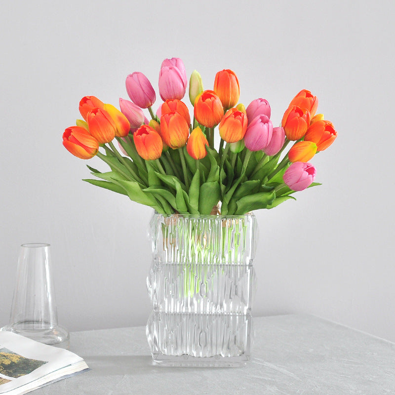 5-Head Short Stem Tulip Bouquet - Realistic Faux Flowers for Home Decor, Perfect Photo Props, and Soft Rubber Tulip Arrangement for Lasting Beauty