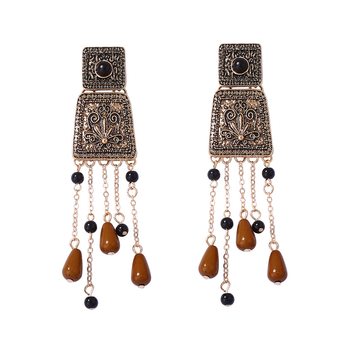 Elegant Retro Bohemian-Style Long Tassel Pendant Earrings with Geometric Floral Alloy Elements – Perfect for Any Occasion