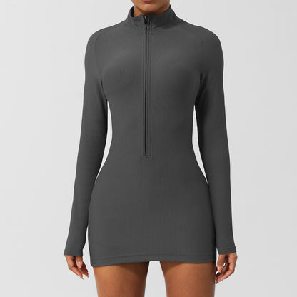 Women's Ribbed Half Zip Long Sleeve Jumpsuit and Slim Fit Polo Collar Mini Dress for Casual Sportswear Everyday Chic