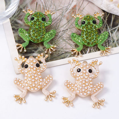 Exquisite Creative Alloy Frog Ear Studs with Shimmering Zircon and Imitation Pearl - Unique Animal-Inspired Jewelry for Stylish Women