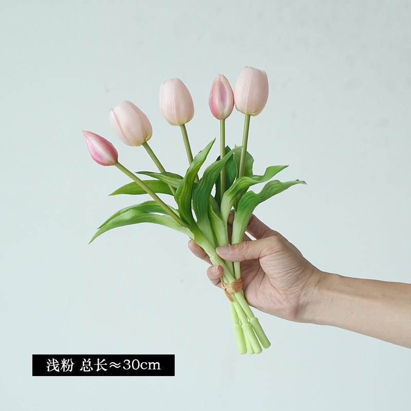 Realistic 5-Head Tulip Bouquet - Soft Touch Artificial Flowers Perfect for Scandinavian Home Decor, Elegant Faux Flower Arrangement