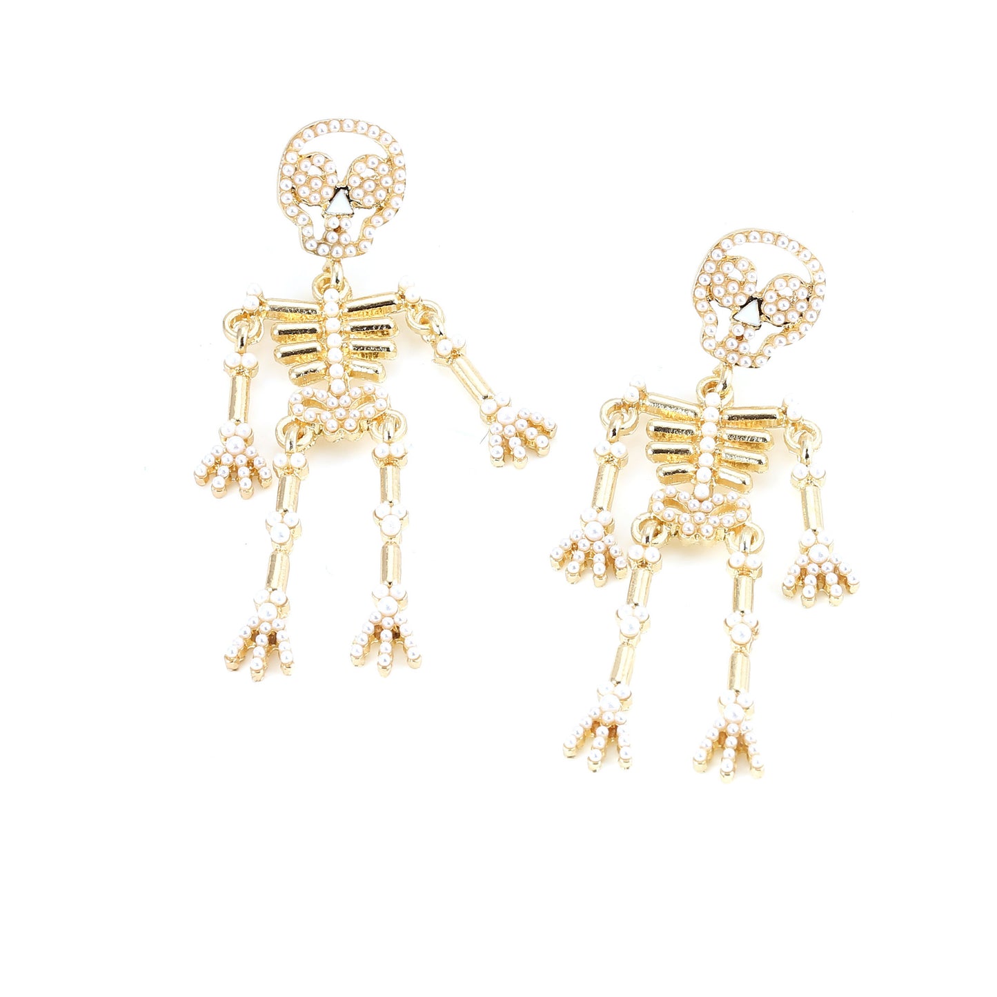 Creative and Bold Skeleton Skull Earrings with Alloy, Gemstone Inlay, and Pearl Detail – Unique, Quirky Accessory for Expressive Style