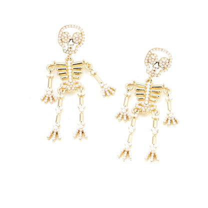 Creative and Bold Skeleton Skull Earrings with Alloy, Gemstone Inlay, and Pearl Detail – Unique, Quirky Accessory for Expressive Style