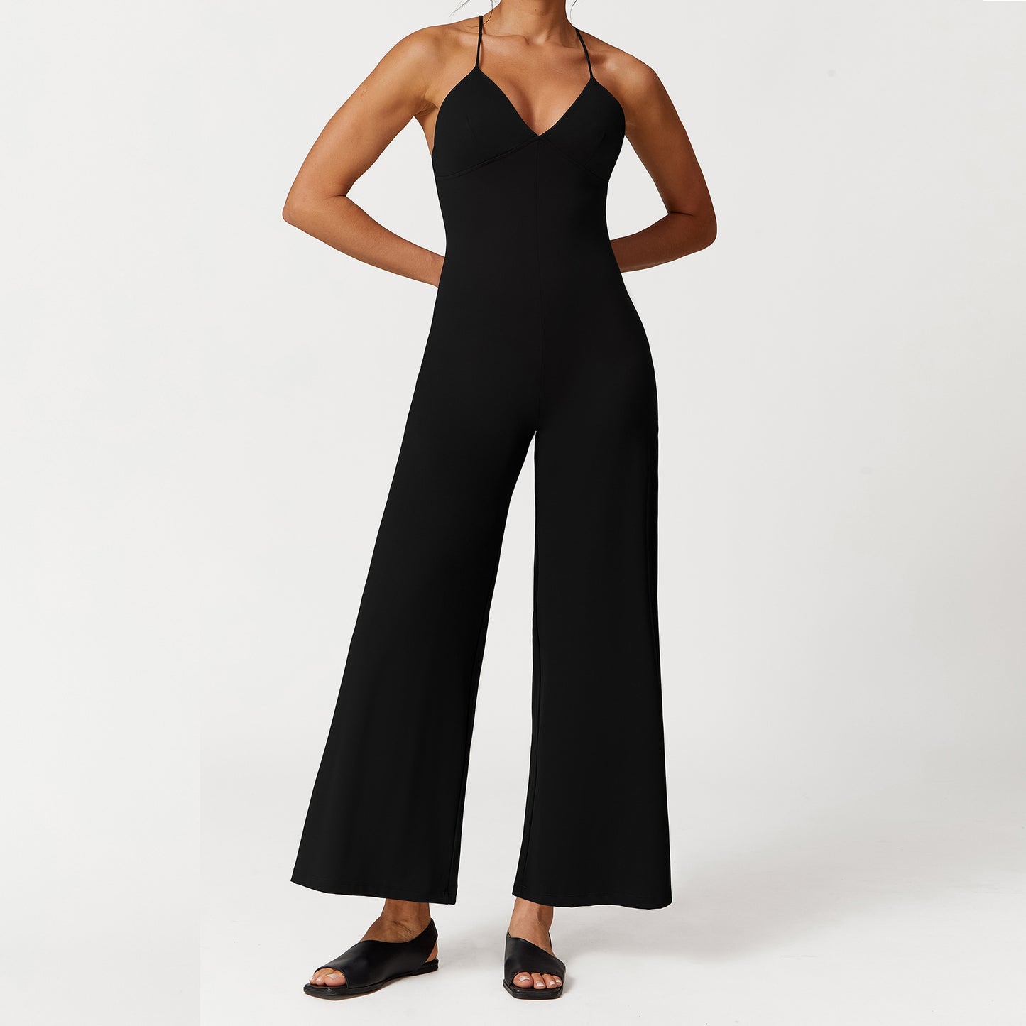 Chic Backless V Neck Jumpsuit with Adjustable Straps Solid Color Yoga Pants for Comfort and Flexibility