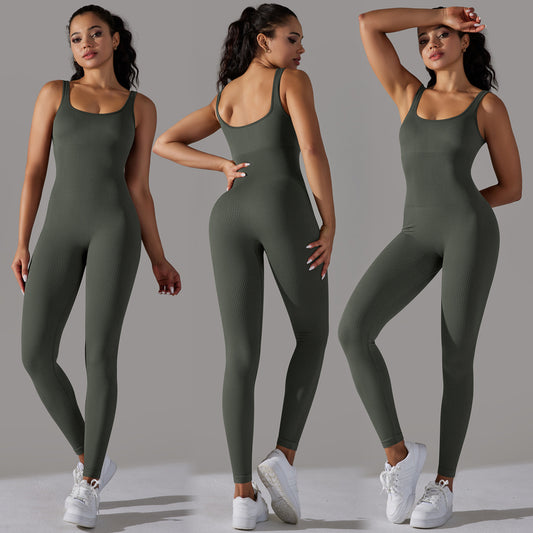 Seamless Ribbed Yoga Bodysuit for Women Tummy Control Butt Lifting Quick Dry Fitness Outfit with Beautiful Back Design