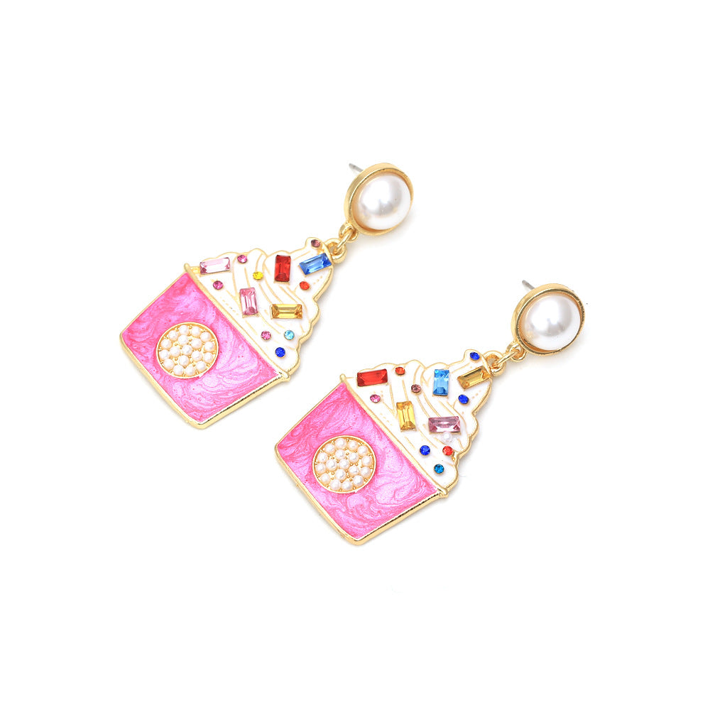 Trendy Ice Cream-Inspired Alloy Earrings with Sparkling Rhinestones and Elegant Pearls - Unique Personalized Design for a Chic Look