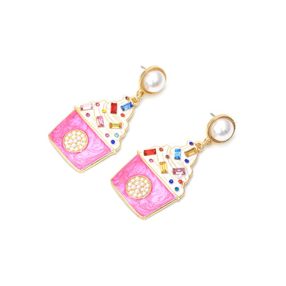 Trendy Ice Cream-Inspired Alloy Earrings with Sparkling Rhinestones and Elegant Pearls - Unique Personalized Design for a Chic Look