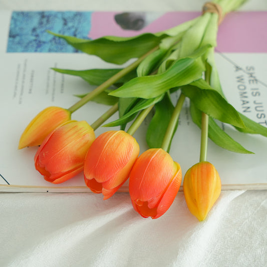 Realistic 5-Head Tulip Bouquet - Soft Touch Artificial Flowers Perfect for Scandinavian Home Decor, Elegant Faux Flower Arrangement