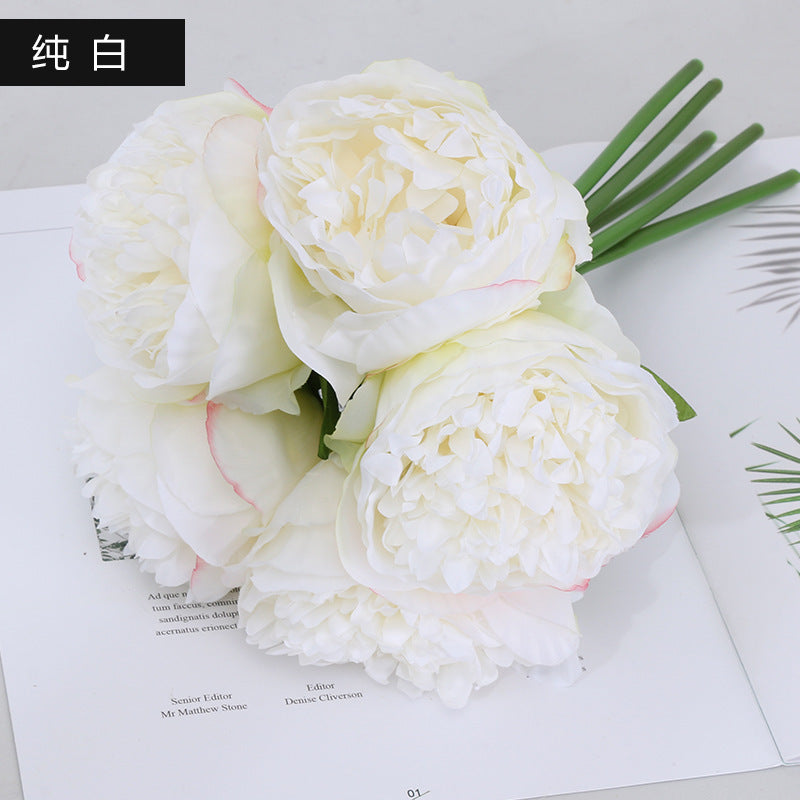 Elegant Faux European Style 5-Head Peony Bouquet - Artificial Silk Flower Arrangement for Bridal Bouquets and Home Décor Accents