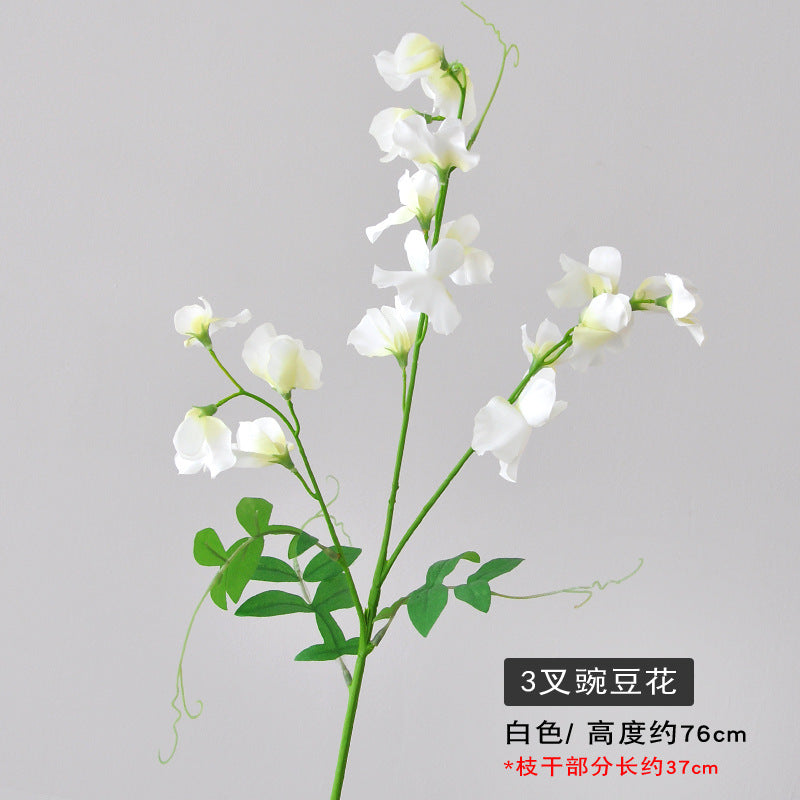 Realistic 3-Pronged Pea Blossom Faux Flower for Living Room Home Décor - Perfect for Weddings & Events - 3D Printed Single Stem with Leaves