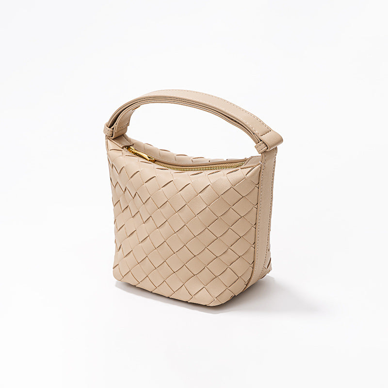Chic Woven Lunch Box Bag Unique Silver Bucket Bag with Spacious Capacity Genuine Leather Tote for Women