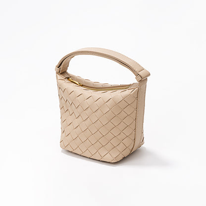 Chic Woven Lunch Box Bag Unique Silver Bucket Bag with Spacious Capacity Genuine Leather Tote for Women