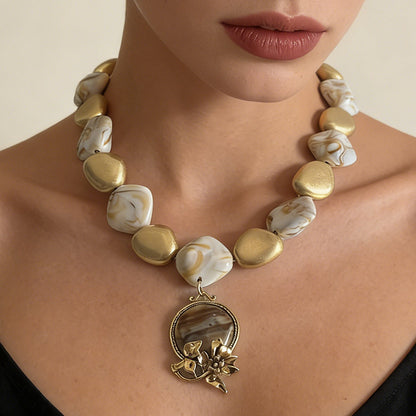 Exquisite Bohemian Vintage-Inspired Statement Flower Bead Necklace for Women - Unique Alloy and Resin Design Perfect for Any Occasion