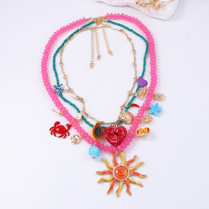 Chic Ocean-Inspired Vacation Style Colorful Multi-Layer Alloy Sun Face Pendant Necklace for Women – Perfect Accessory for Any Summer Outfit